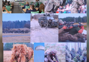 Uczniowie oglądają film prezentujący różne aktywności żołnierzy