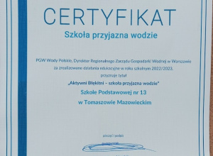Certyfikat "Szkoły przyjaznej wodzie"