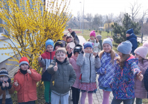 Uczniowie z lupami przy kwitnącym krzewie