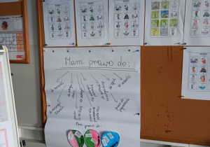 Tablica w świetlicy szkolnej zawierająca informacje i rysunki dotyczące Dnia Praw Dziecka