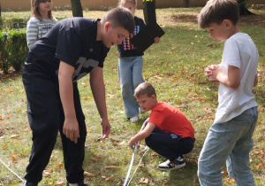 Uczniowie obliczają obwód drzewa