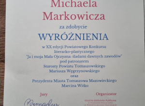Sukces w XX edycji Powiatowego konkursu literacko-plastycznego "Ja i moja Mała Ojczyzna śladami dawnych zawodów’’