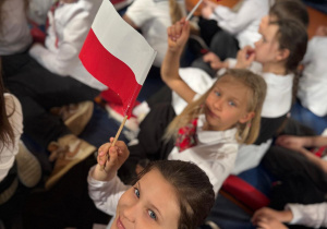 Widzowie machają chorągiewkami w rytm śpiewanej piosenki